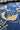 A close-up of a blue fabric or wallpaper featuring a stylized gold botanical pattern with leaves, stems, and abstract floral elements.