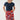 A woman modeling a red knee-length skirt with a colorful abstract pattern of circles, waves, 