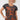 A smiling blonde woman wearing a dark charcoal gray t-shirt with a rust-orange abstract pattern, 