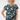 wearing a short-sleeve crewneck top with a multicolor abstract pattern on a dark teal background, 