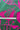 A close-up of a green fabric with a bold hot pink floral pattern, with a silver metal measuring tape ruler laid horizontally across the center to show scale.